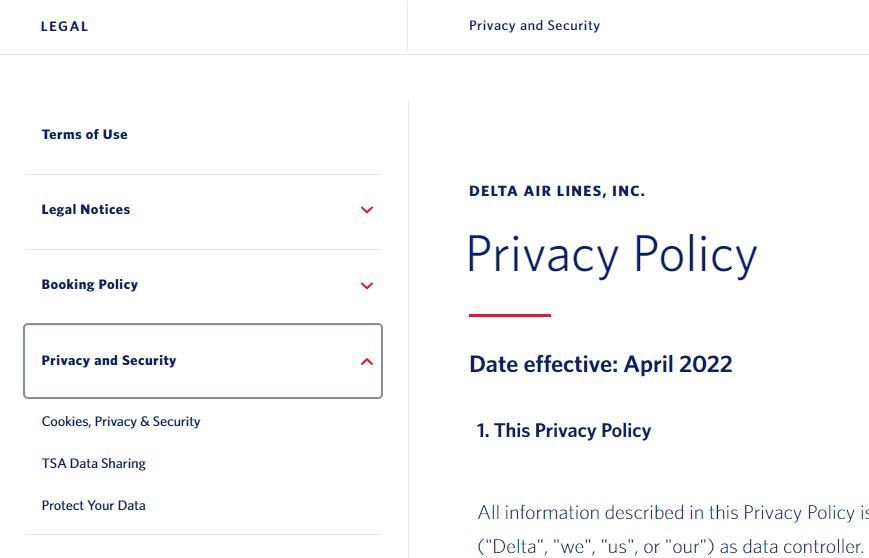 The Privacy and Security section of Delta Air Lines' website
