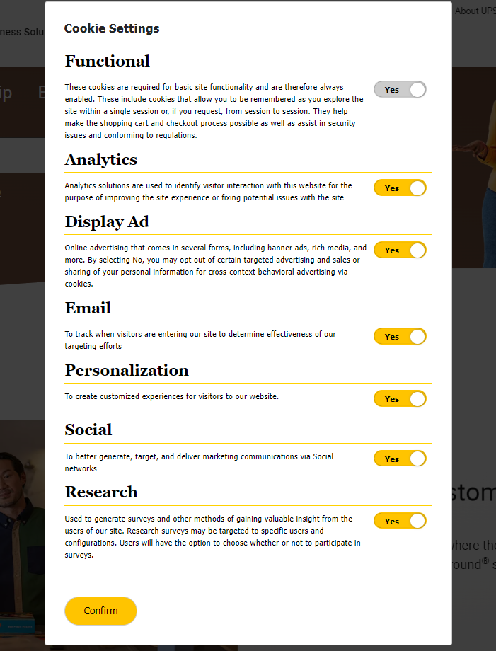 The Cookies Settings on the UPS website